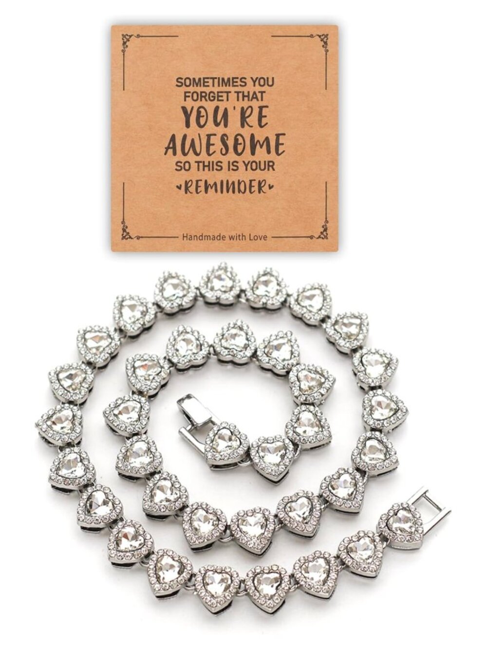 Rhinestone Heart Tennis Necklace Silver Chain Pendant Jewelry Gift